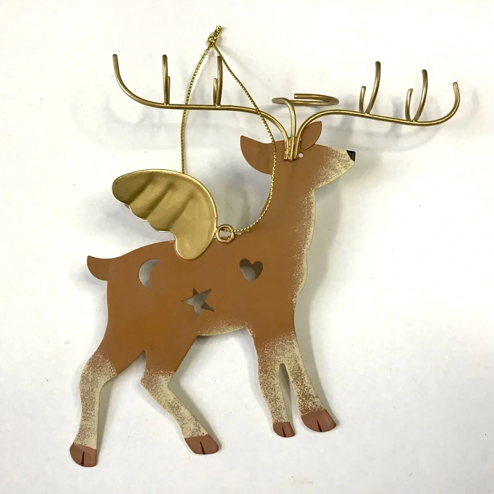 Reindeer Christmas Ornament Gold Wings Cut-Outs Whimsical Folk Art Rustic Deer